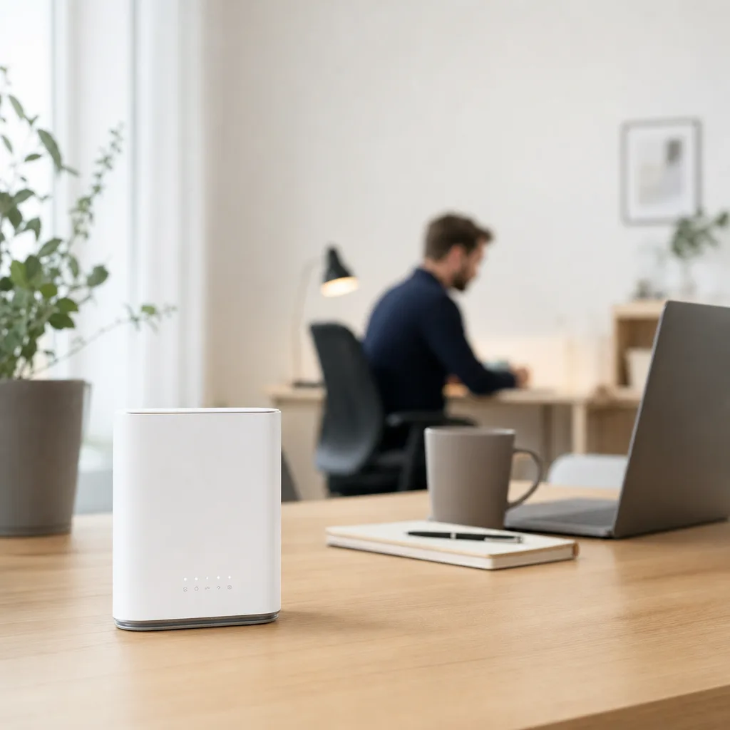 Modernt kontor med en mobil router på skrivbordet