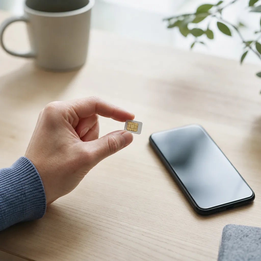 SIM-kort och mobiltelefon vid ett skrivbord