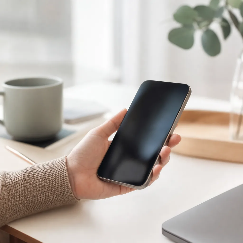 Hand som håller en smartphone vid ett skrivbord