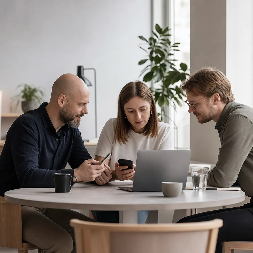 Litet team arbetar med mobiler och laptop på kontoret