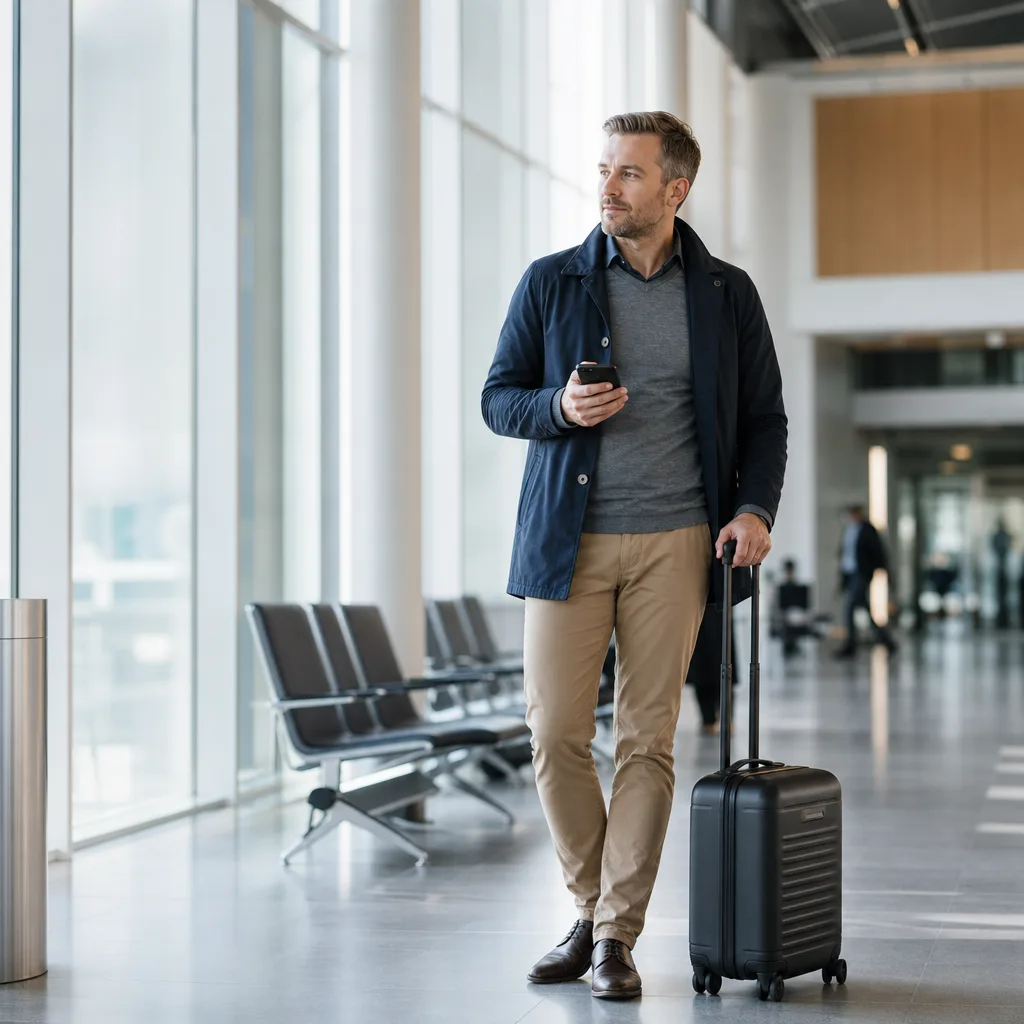 Affärsresenär med mobil i en flygplatsterminal